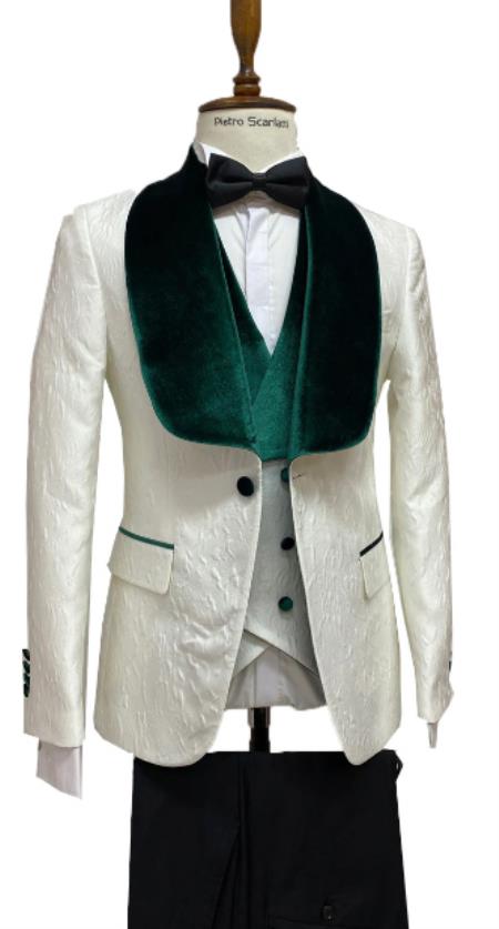 White and Hunter Green Tuxedo Dinner Jacket Wide Velvet Groom Tuxedo Jacket - Prom 2026 Blazer