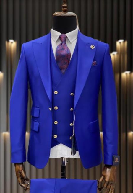 Rossiman Royal Blue Suit for Men – Classic 1-Button Peak Lapel Jacket & Double-Breasted Vest