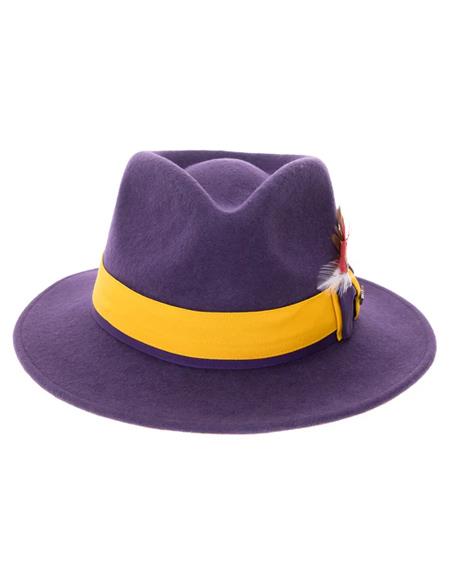 Purple felt fedora with a yellow band and a peaked crown. Includes a decorative feather. Classic design with a pop of color.