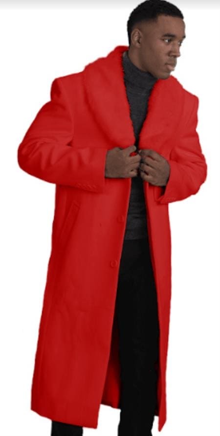 Mens Red Topcoat Overcoat With Fur Collar
