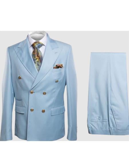 Rossiman Men’s Light Blue Slim Fit Suit – Elegant Double-Breasted Design