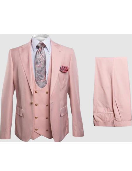 Rossiman Men's Slim Fit Pink Suit – Elegant Double-Breasted Vest & Tailored Flat Front Pants