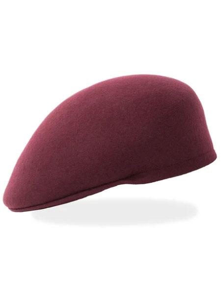 Burgundy men's beret. Soft, felt-like material with a seamless, rounded shape and slightly tapered design. No visible patterns or extra features.