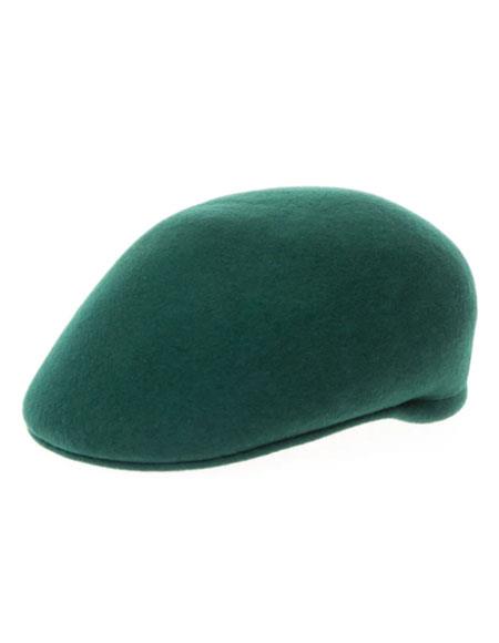 Green men's hat. Smooth, rounded top, elongated shape. Soft material like wool or felt. Minimal or no brim, structured design.