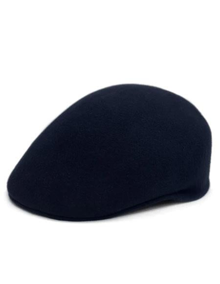 Men'sUSA navy hat. Rounded, smooth shape with a slightly pointed top. Soft, wool-like material in solid navy blue. Streamlined design, no embellishments. Flat underside, fitted style.