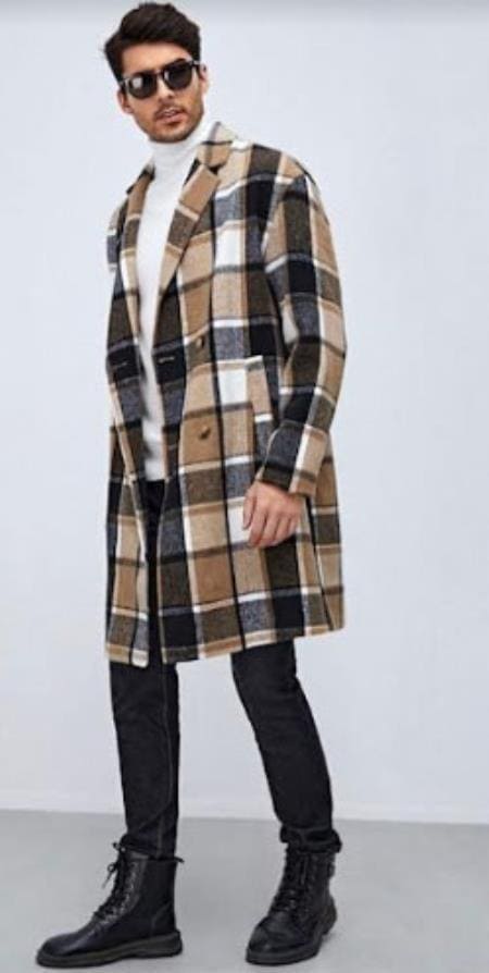 Mens Plaid Overcoat - Peacoat - Plaid Topcoats Black