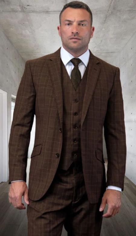 Men’s Brown Windowpane Plaid 3 Piece Suit, Classic Formal Wedding Business Dress Suit Set