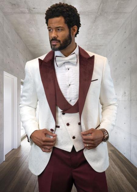 Men’s White and Burgundy Vested Tuxedo Suit, Formal Wedding Groom Prom Dinner Suit