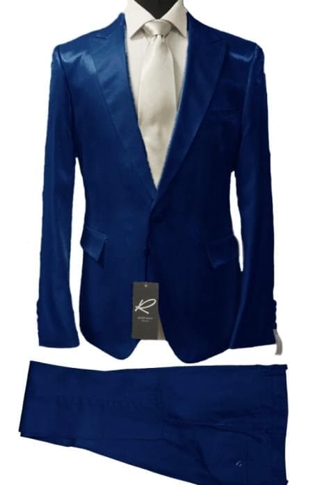 Rossiman Men’s Royal Blue Glossy Sateen Suit – Bold & Refined Look