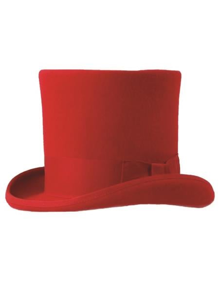 Tall red top hat. Cylindrical crown, curved brim. Solid red fabric. Decorative bow on the side. Classic and uniform design.