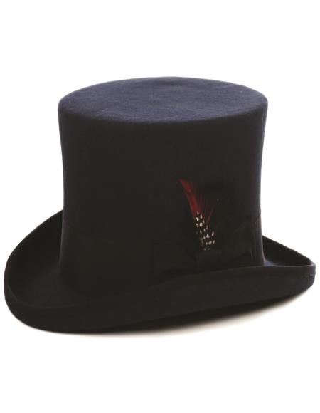 Navy top hat with cylindrical crown and curved brim. Crafted from felt, it features a feather accent.