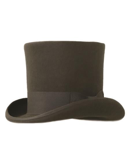 Charcoal top hat: tall, cylindrical crown, wide curved brim. Smooth surface with satin band around the base. Classic, elegant design.