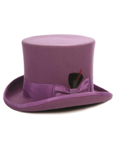 Purple top hat with cylindrical crown and wide brim. Adorned with a black feather and a purple satin band. A classic and stylish design.