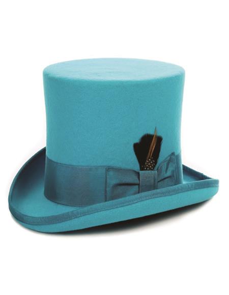 Turquoise top hat with cylindrical crown and curved brim. Smooth, felt-like material with satin ribbon, feather, and bow detail.