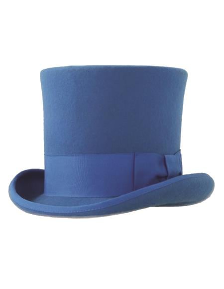 Blue top hat: tall cylindrical crown, wide upturned brim, smooth felt texture. Adorned with a matching blue ribbon around the base.