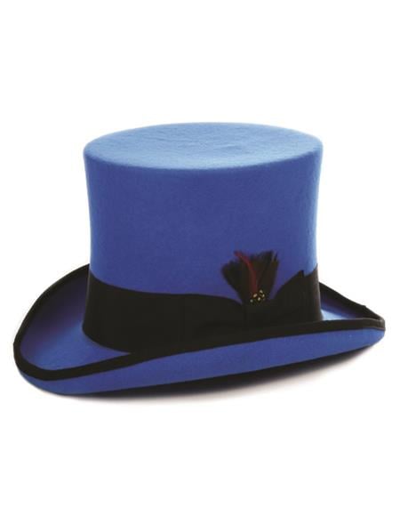 Blue cylindrical top hat with a curved brim and black satin band. Adorned with a small feather accent.