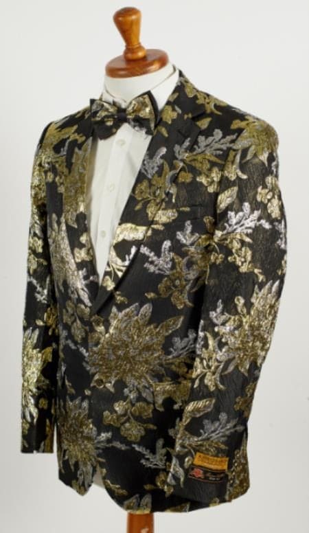 Alberto Nardoni Shiny Gold Black Lapel Paisley Look Fashion Tuxedo Sport Coat Jacket main image 0