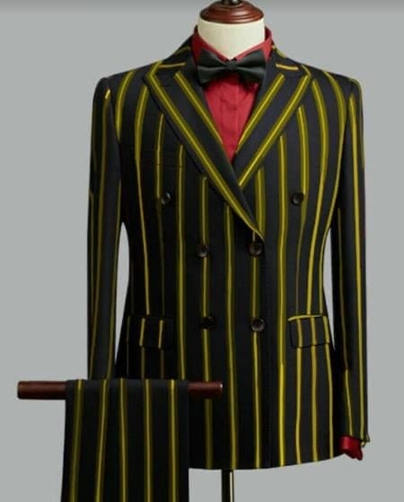 Black And Gold Pinstripe Double Breasted Peak Black Lapel Suit