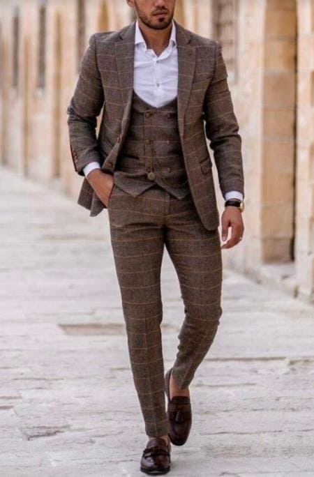 1930s Fashion Tweed ~ Herringbone Pattern -2 Button Closure - Mens 1930 Suit - 1930s Tuxedo - Brown Suit