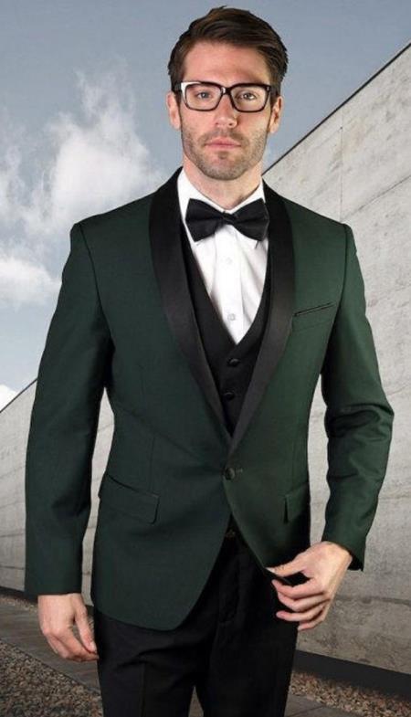 Men’s Hunter Green Tuxedo Suit with Black Pants and Vest, Wedding Prom Formal Tuxedo