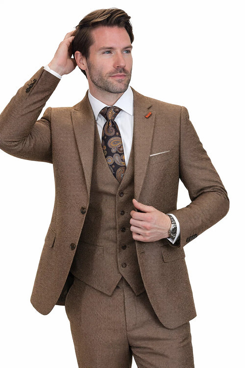 Men’s Copper Brown Micro Plaid Wool Suit – Designer Vintage Style with Vest