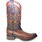 Los Altos brown ostrich quill cowboy boots. Tall shaft with embossed designs, pointed toe, and low block heel. Crafted from leather.