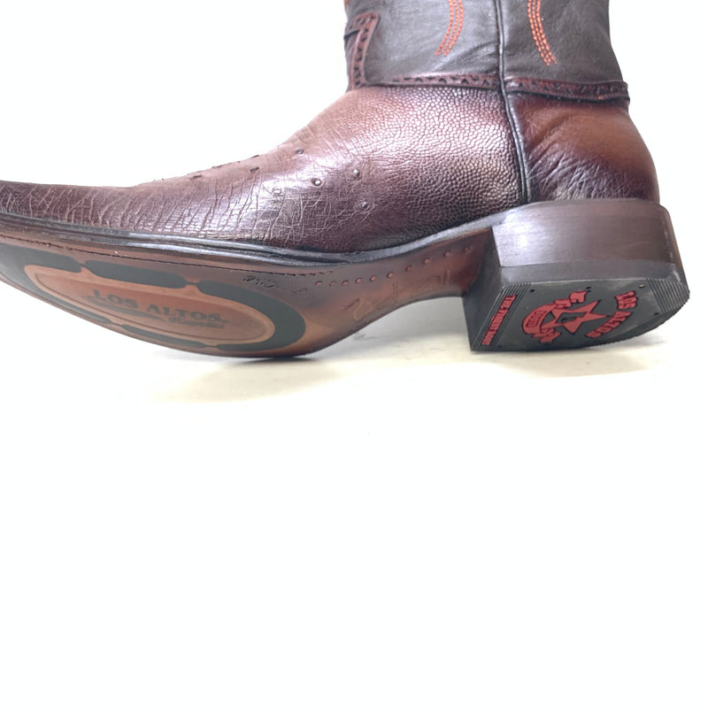 Alberto Nardoni Los Altos brown ostrich quill cowboy boots. Pointed toe, textured brown leather upper with quill pattern. Leather sole, slight heel, orange side stitching. Cowboy boot branding.