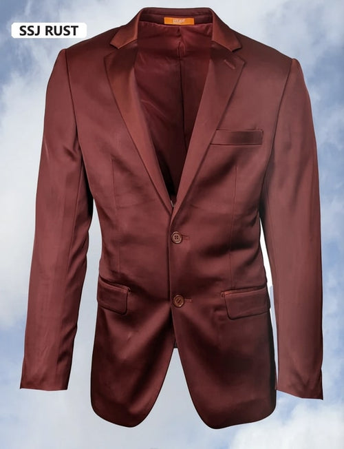 Men's glossy rust formal suit. Classic two-button design with a smooth finish, tailored shape, notched lapels, and two front pockets.