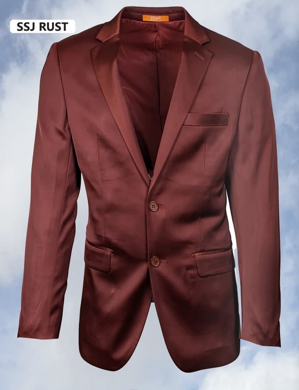 Men's glossy rust formal suit. Classic two-button design with a smooth finish, tailored shape, notched lapels, and two front pockets.