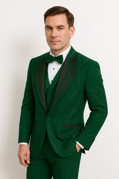 Hunter green Italian wool 3-piece Alberto Nardoni tuxedo. Modern fit, tailored jacket with black stripe pattern, notch lapel, single-button closure. Green vest, white dress shirt, and matching pants complete the look.