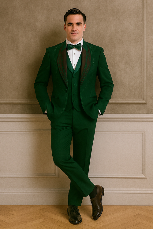 Hunter green Italian wool tuxedo. Modern fit, three-piece: fitted jacket with shawl collar, waistcoat, and straight-leg trousers. Black lapel detailing, tailored silhouette.