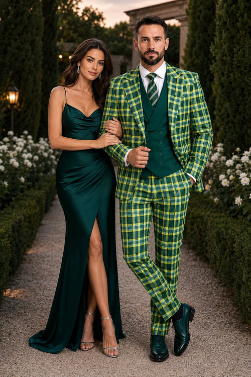 Men's Designer One Button Peak Lapel Italian Wool Suit with Double Breasted Vest in Hunter Green Plaid