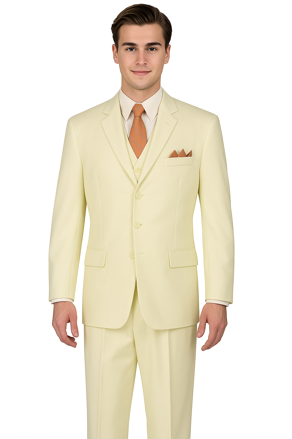 "Classic Fit Men's Three-Button Ivory Suit with Vest and Pleated Pants"