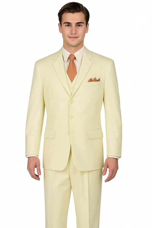 "Classic Fit Men's Three-Button Ivory Suit with Vest and Pleated Pants"