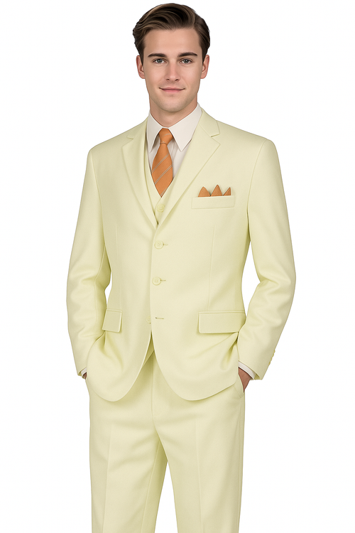 "Classic Fit Men's Three-Button Ivory Suit with Vest and Pleated Pants"