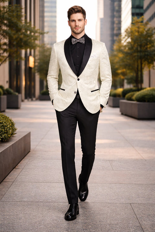 Mens Blazer - Paisley Sport Coat - Ivory Prom 2026 Tuxedo Dinner Jacket Blazer
