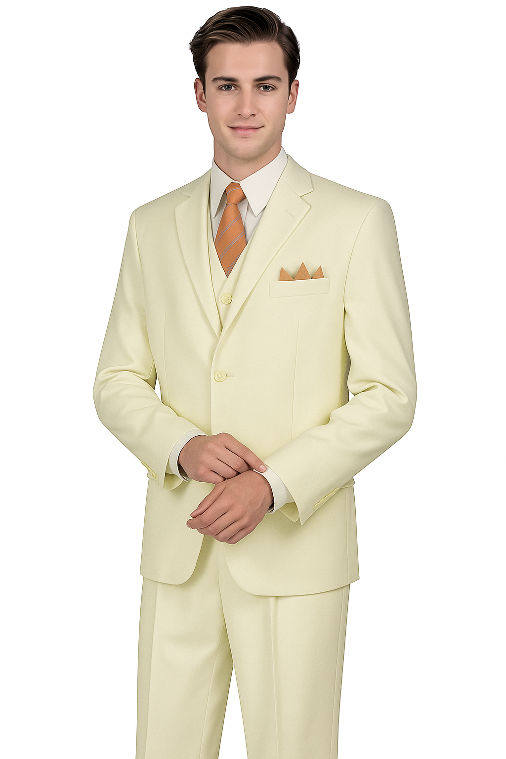 "Classic Fit Men's Three-Button Ivory Suit with Vest and Pleated Pants"