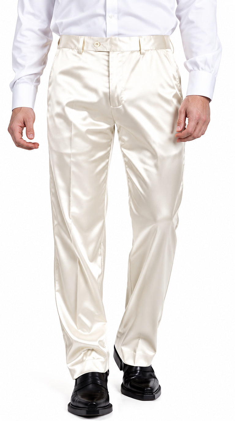 Mens Shiny Stretch Pants Solid Color Slim Fit Sateen Flashy Metallic Slacks in Color "Off White"