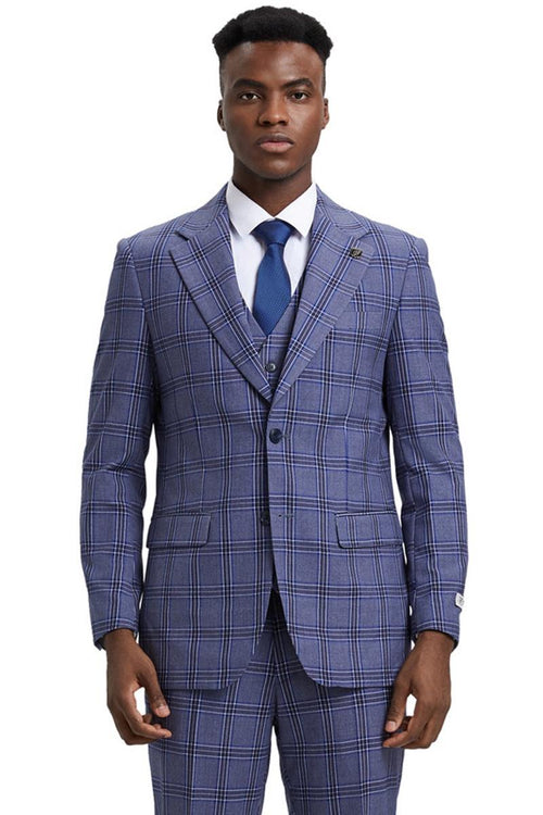 Men's Stacy Adams two-button vested suit with light purple/lavender glen plaid check. Fitted blazer, matching trousers. Textured fabric, notched lapels, two front pockets, and a single-button vest closure. Distinct contrast pattern.
