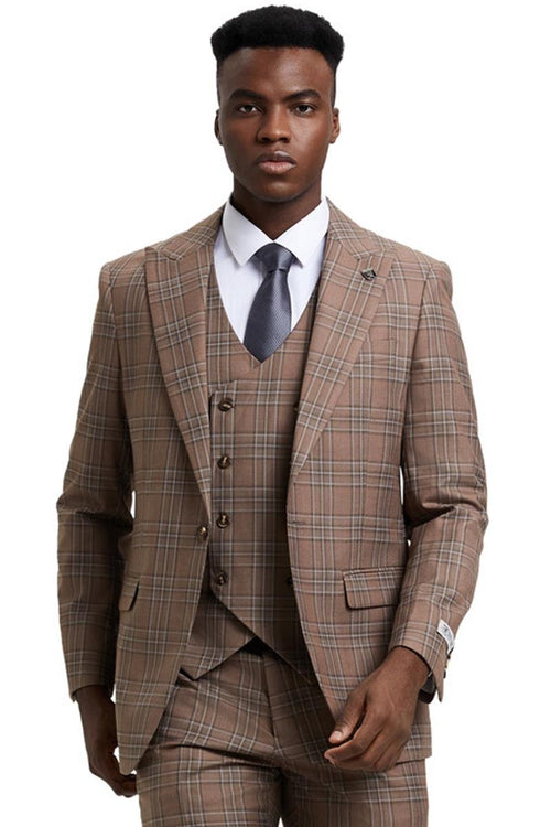 Stacy Adams men's one-button peak lapel double-breasted vest suit in light brown plaid. Features fitted blazer, long sleeves, and matching button-down vest. Color: light brown with darker brown/beige plaid.