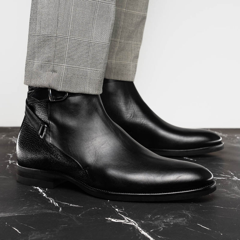 Zelli Jodphur Black Italian Calfskin Double Buckle Strap Boot