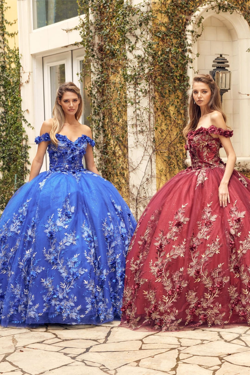 Juliet 1447 Off Shoulder 3D Floral Applique Sweet 16 Quince Ball Gown