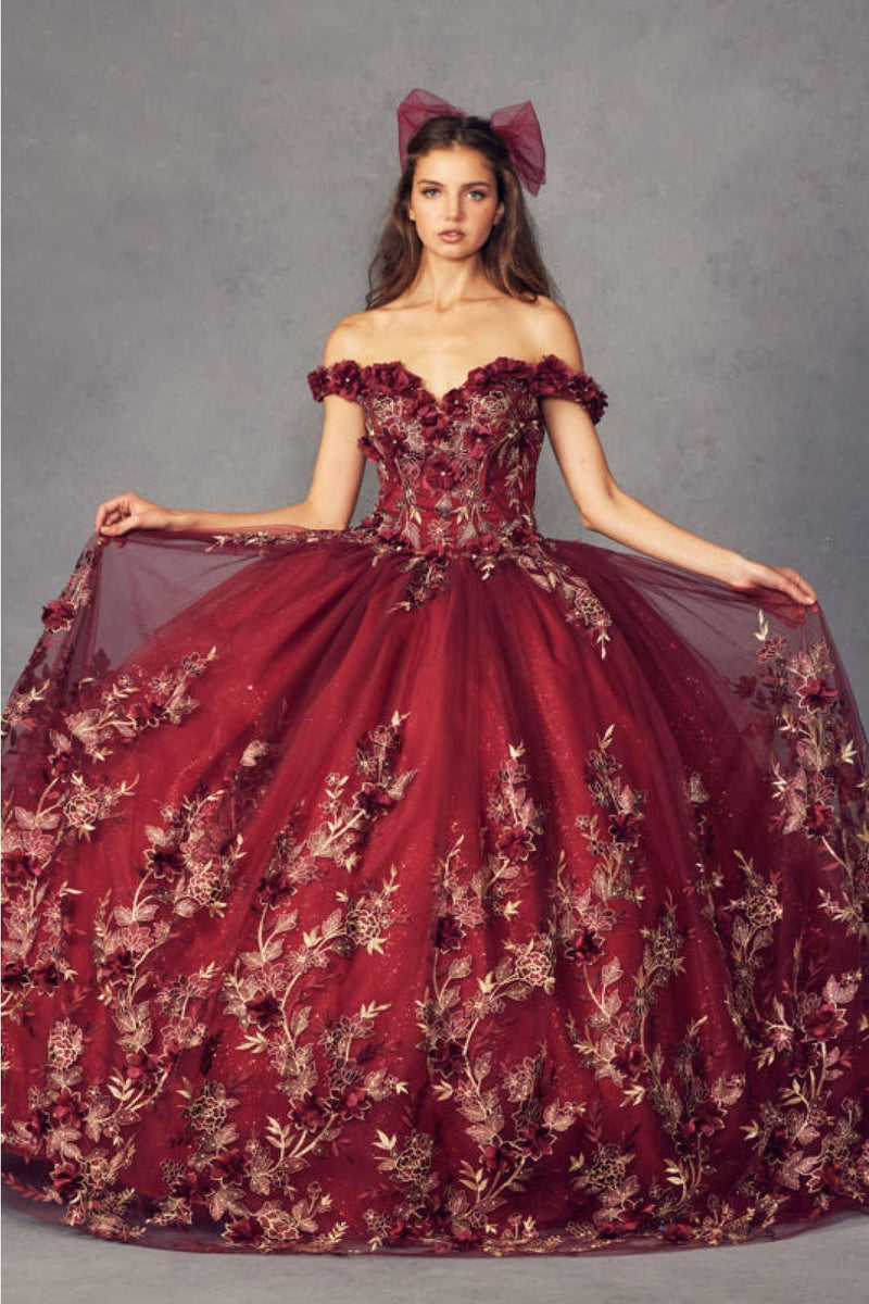 Juliet 1447 Off Shoulder 3D Floral Applique Sweet 16 Quince Ball Gown