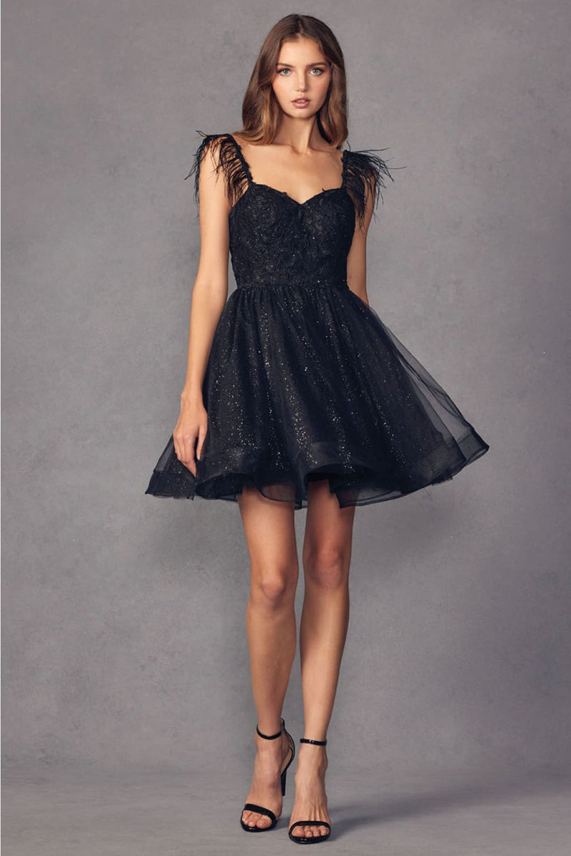 Juliet 881 Feathers A-line Glitter Tulle Short Cocktail Dama Dress