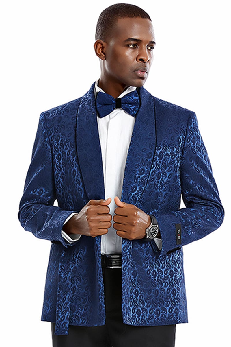 Navy Blue Paisley Men's Slim Fit Double Breasted Tuxedo Smoking Jacket for Prom 2026 & Wedding
