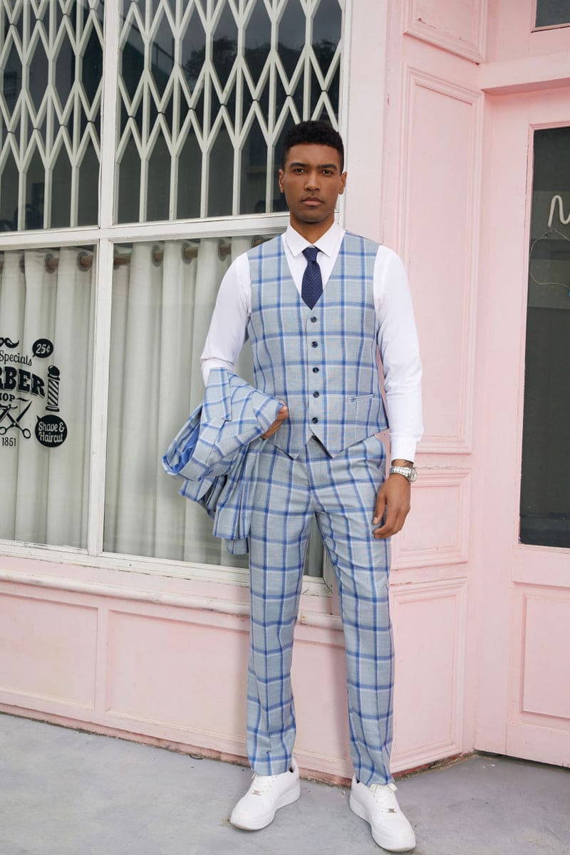 "Mens Stacy Adams Suit - Stacy Adams Suit Men's Vested Peak Lapel Plaid Suit - Blue Windowpane"