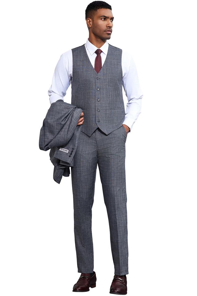 Stacy Adams men's grey sharkskin suit. Three-piece: jacket, vest, trousers. Subtle grey weave pattern. Straight-fit pants, streamlined vest with button closure.