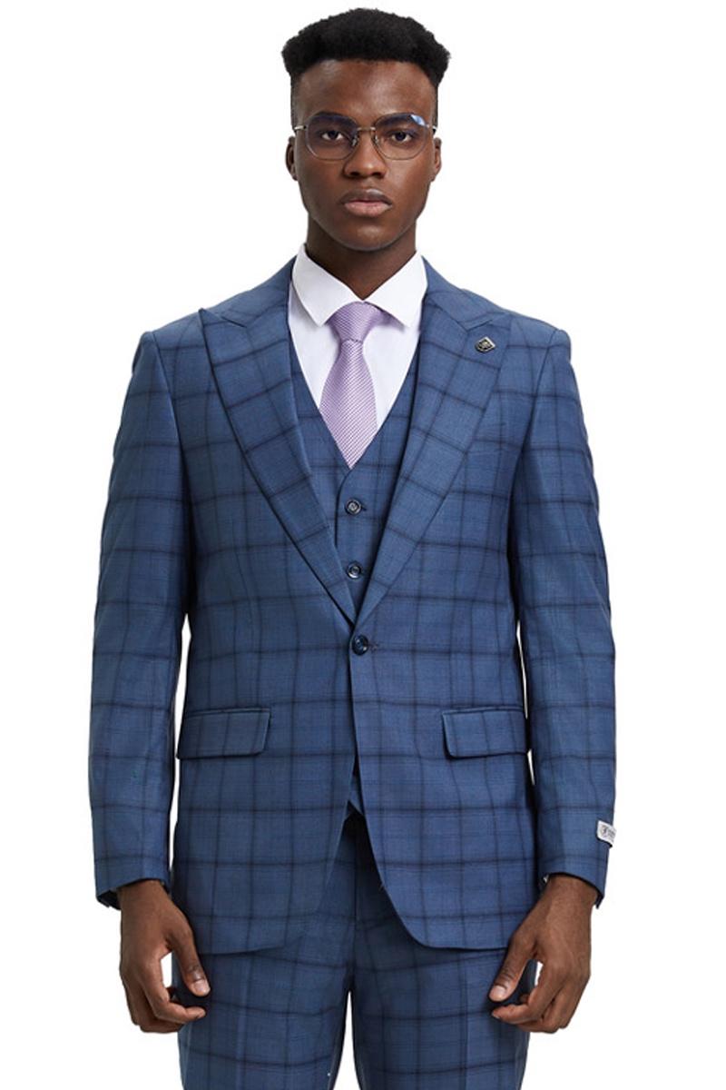 Midnight blue Stacy Adams one-button vested suit with windowpane plaid. Features a tailored blazer, notch lapel, matching vest, and fitted silhouette. Formal woven textile.