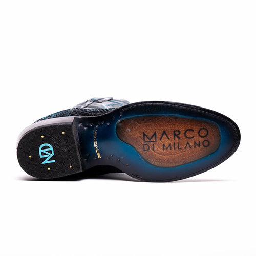 Marco Di Milano Kansas cowboy boots. Black & blue python skin, round toe. Textured design. Distinctive sole with branding. Slightly elevated heel.
