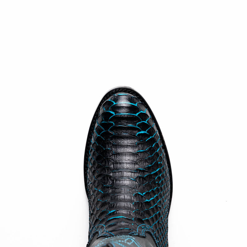 Marco Di Milano Kansas cowboy boots. Black python upper with blue stitching. Round toe. Distinctive texture.